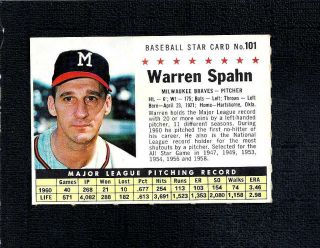 1961 Post Set Break 101 Warren Spahn - 2 - - Company - Perforated - - Braves - - Nr/mt