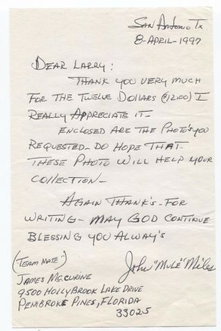 John " Mule " Miles Handwritten Autographed Letter Note Negro League Baseball Als