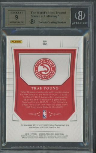2018 - 19 National Treasures Trae Young RPA RC 4 - Color Patch AUTO 57/99 BGS 9.  5 2