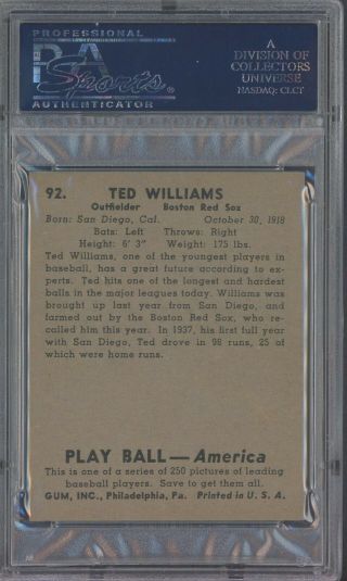 1939 Play Ball 92 Ted Williams Red Sox RC Rookie HOF PSA 7 