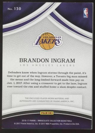 2016 - 17 Panini Immaculate Brandon Ingram 3 Color Patch RC Auto /99 2