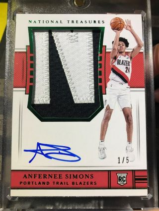 Anfernee Simons 2018 - 19 National Treasures Rookie Patch Auto Rc Emerald Green /5