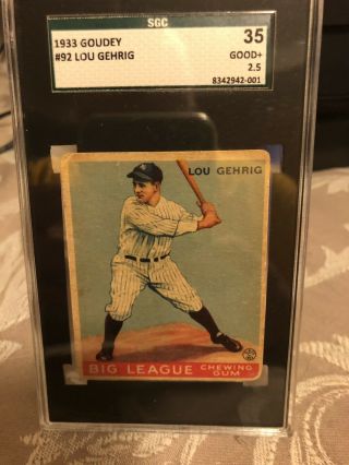 1933 Goudey Lou Gehrig 92 SGC 35 Good,  2.  5 No Creases. 2