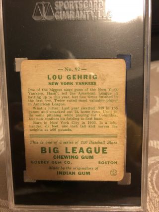 1933 Goudey Lou Gehrig 92 SGC 35 Good,  2.  5 No Creases. 3