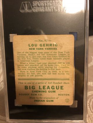 1933 Goudey Lou Gehrig 92 SGC 35 Good,  2.  5 No Creases. 4
