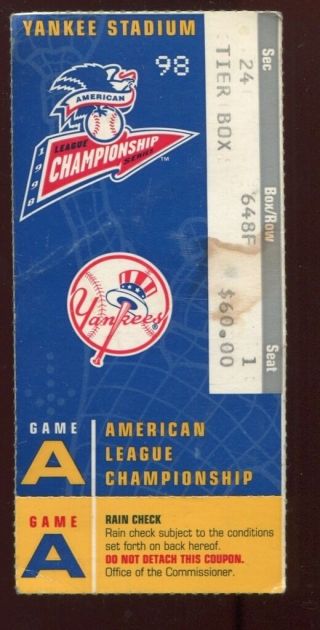 Ticket Baseball York Yankees 1998 Alcs Game 1 Cleveland Indians