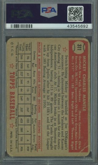 1952 Topps 311 Mickey Mantle Yankees RC Rookie PSA 1 HIGH 