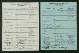 Baltimore 4/17/96 Game Lineup Cards From Umpire Don Denkinger