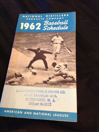 1962 National Distillers Products Co.  Baseball Schedule Folded To Fit Pocket Euc