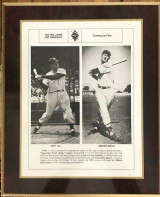 Ted Williams Joe Dimaggio Red Sox Press Award 1991 Bwaa ‘coming Up 50’ Wood 1941