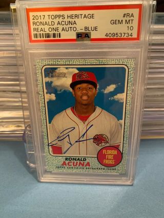 2017 Topps Heritage Ronald Acuna Real One Auto Blue Border 18/75 Psa 10 Rare
