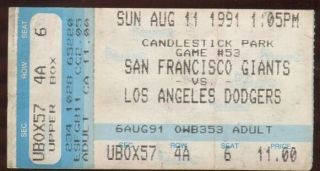 Ticket Mlb San Francisco Giants 1991 8/11 Los Angeles Dodgers Will Clark Hr