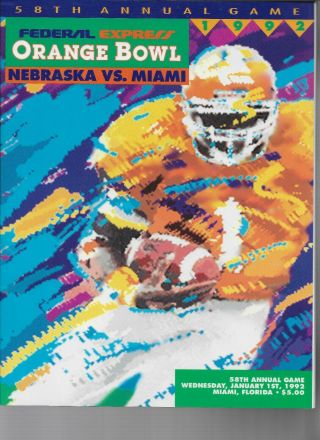 1992 Federal Express Orange Bowl Football Game Program Nebraska Vs Miami