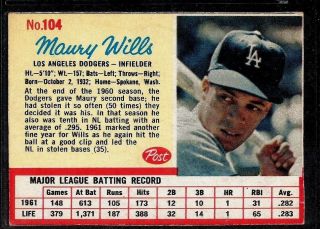 1962 Post Cereal Baseball Dodgers Maury Wills 104 Hand Cut Box Mvp Season Ex,