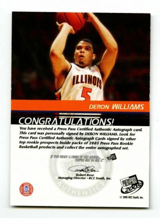 2005 - 06 Deron Williams Press Pass Auto Gold /100 RC Signed Rookie Red Ink Jazz 2
