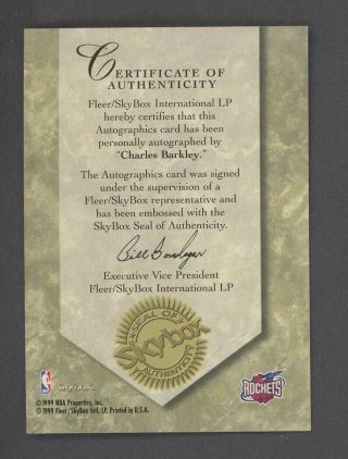 1999 - 00 Skybox Autographics Charles Barkley Rockets HOF SP AUTO w/ Stamp 2