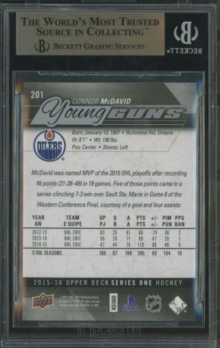 2015 - 16 Upper Deck Young Guns 201 Connor McDavid Oilers RC BGS 10 PRISTINE 2