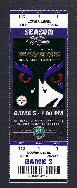 2004 Nfl Steelers @ Ravens Full Football Ticket - Roethlisberger First Game & Td