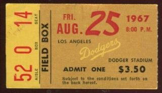 Ticket Baseball Los Angeles Dodgers 1967 8/25 St.  Louis Cardinals Roger Maris