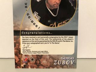 1998 In the Game Be A Player Silver Autographs 43 Sergei Zubov Dallas Stars Auto 6