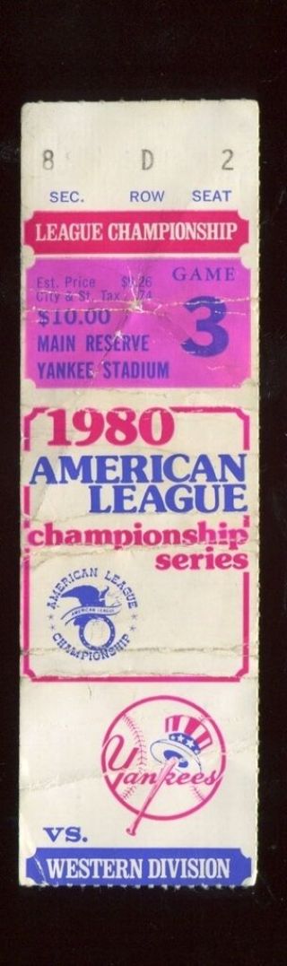 Ticket Baseball Alcs 1980 York Yankees Game 3 Kansas City Royals