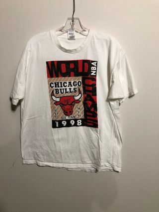 Vintage Chicago Bulls 1998 Nba Champions White Graphic T - Shirt Xl