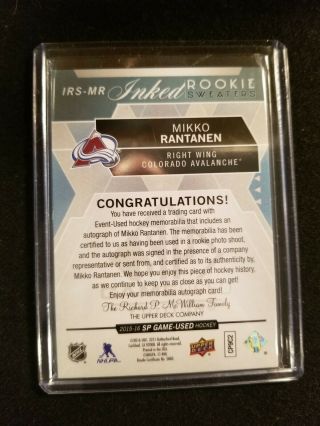2015/16 SP Game IRS - MR Mikko Rantanen Inked Rookie Sweaters Auto Jersey 3