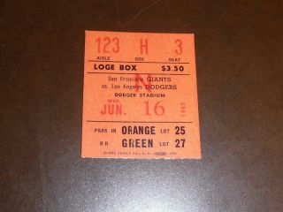 June 16 1965 Giants At Los Angeles Dodgers Baseball Ticket Stub Koufax Win