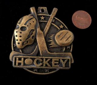 Vintage Large Solid Bronze Hockey Medal Medallion Crown Trophy Usa