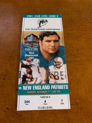 2001 Miami Dolphins V England Patriots Football Ticket Tom Brady 2nd Start