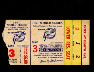 1951 World Series Ticket Stub York Yankees @ York Giants Game 3