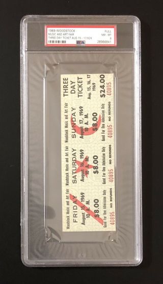 1969 Woodstock Music & Art Fair 3 - Day Concert Ticket - Full Psa 8 Nm - Mt