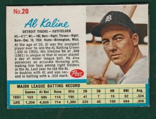 1962 Post Cereal 20 Al Kaline Detroit Tigers