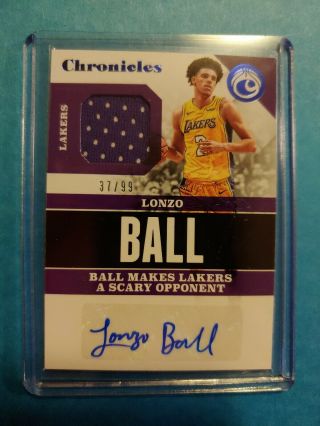 Panini Chronicles Lonzo Ball Rookie Card Autograph Jersey Patch Blue 37/99