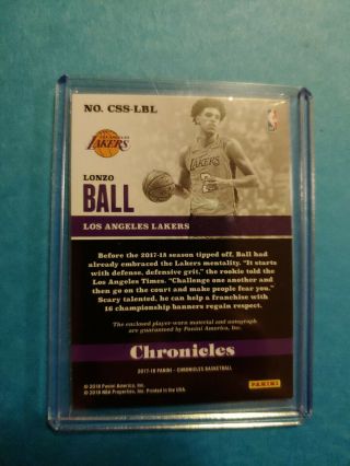 PANINI CHRONICLES LONZO BALL ROOKIE CARD AUTOGRAPH JERSEY PATCH BLUE 37/99 2