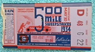 Authentic 1934 Indy 500 Ticket Stub 22nd Annual 500 Mile Indianapolis 500 Race