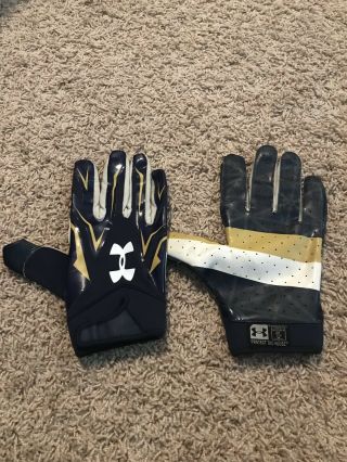 Notre Dame Football Under Armour Team Issued Gloves Blue Gold White Xl Nd