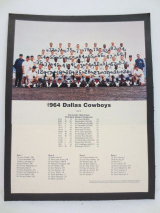 Dallas Cowboys Team Picture Roster 10x13 Vintage Retro Vtg 1964 Nfl Football