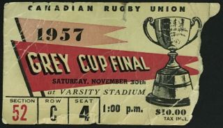 1957 Cfl Grey Cup Ticket Varsity Stadium Toronto Tiger Cats Vs Blue Bombers