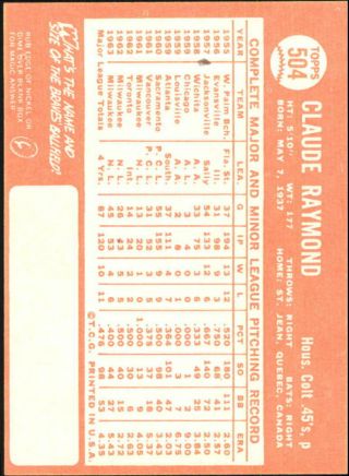 1964 Topps Houston Colt.  45s Baseball Card 504 Claude Raymond - NM 2