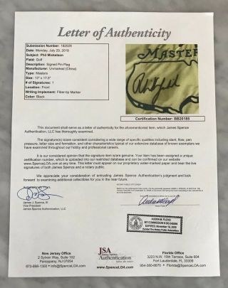 PHIL MICKELSON AUTO AUTOGRAPH SIGNED AUTHENTIC UNDATED MASTERS PIN FLAG JSA HOF 2