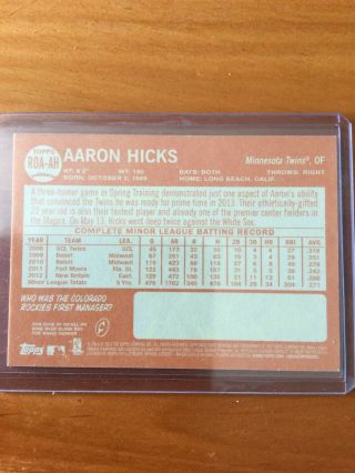 AARON HICKS 2013 TOPPS HERITAGE HIGH RED INK REAL ONE AUTOGRAPH AUTO RC /10 2