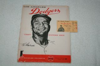 1959 Roy Campanella Night Ticket Stub,  Program Dodgers Vs Yankees La Coliseum