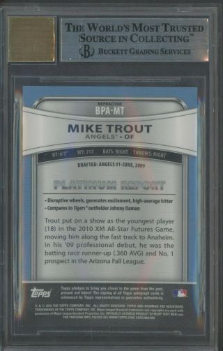 2010 Bowman Platinum Refractor Mike Trout Angels RC Rookie AUTO BGS 9 w/ 10 2