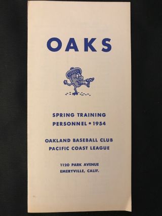 Oakland Oaks 1954 Baseball Spring Training Roster Schedule