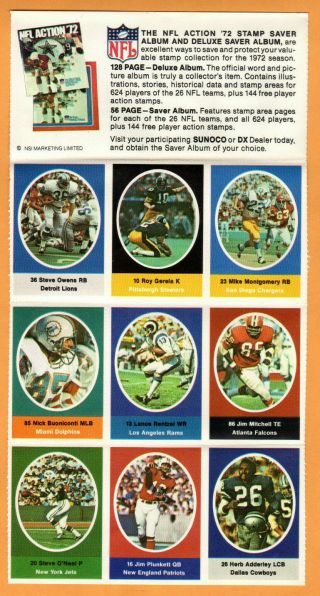 1972 Sunoco Nfl Action Stamps - 9 Stamp Sheet - Nick Buoniconti,  Plunkett Rc,
