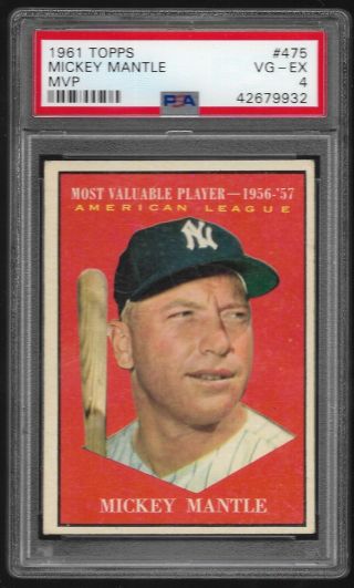 1961 Topps 475 Mickey Mantle Mvp,  York Yankees Baseball Card Psa 4 Vg - Ex