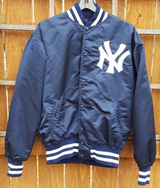 Vtg York Yankees Satin Jacket - L - Blue - Quilt Lined - Pockets - 80 