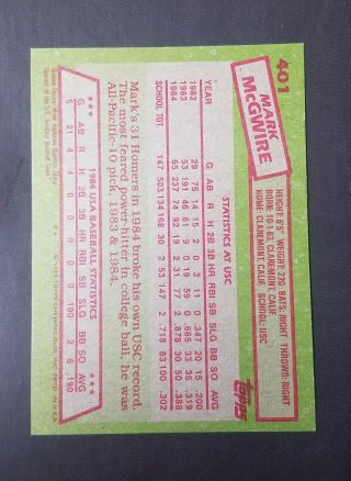 1985 Topps Baseball 401 Mark McGwire US Baseball Team Rookie Card Cardinals A ' s 2