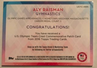 2016 Topps U.  S.  Olympic Team Crest Patches USTCARA Aly Raisman 77/99 2